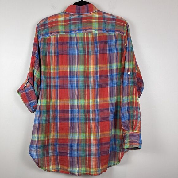 Ralph Lauren Womens Plaid Top Sz M Multi Rainbow 100% Cotton Crinkle Blouse - Picture 7 of 9